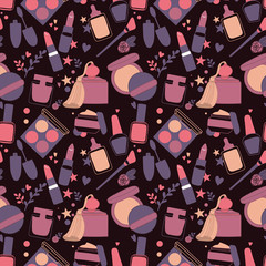 Seamless pattern of cosmetics in popular colours. Great fit for backgrounds, notebook covers, smartphone skins!