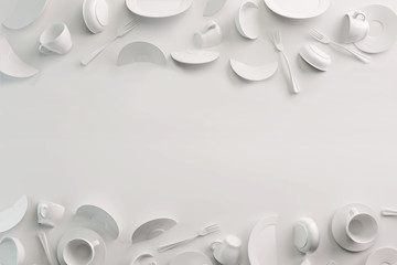 White Food background concept for design menu restaurant or cafe. Copy space for your logo. Food flyer. Ceramic Plates and Dishes. White coffee mugs and saucers on a white background. 3d render