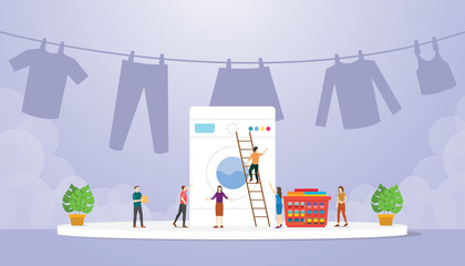 laundry wash machine fashion with people work to clean with modern flat style - vector