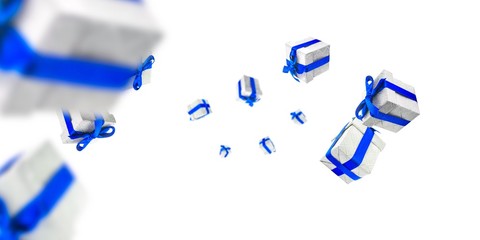 Gift boxes blue bow on white. Christmas background with Surprise boxes. Used for birthday, anniversary presents, gift cards, post cards