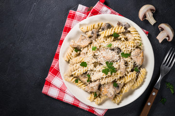 Pasta with Chicken and mushrooms In cream sauce.