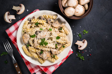 Pasta with Chicken and mushrooms In cream sauce.