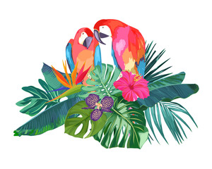 Summer frame with tropical jungle leaves, hibiscus, orchids and parrot.Vector aloha illustration.