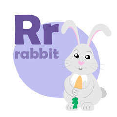 ABC Alphabet illustration. Vector cute kids animal alphabet. Letter R. Cute cartoon rabbit.