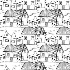 Pattern hand draw houses white black color