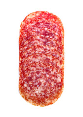 Salami sausage slices isolated on white background
