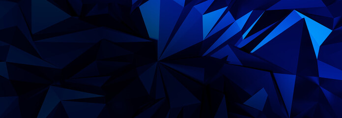 Naklejka premium 3d ILLUSTRATION, of blue abstract crystal background, triangular texture, wide panoramic for wallpaper, 3d black background low poly design