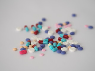 Tablets pills capsule heap mix therapy drugs, many color, colorful