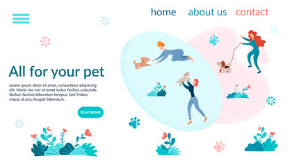 Girls walk their pets, take care of dogs, play with a puppy.