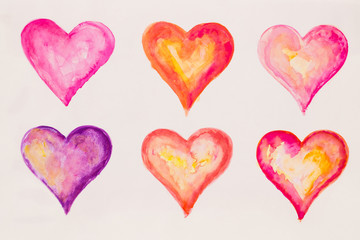 Watercolor painted pink heart, on the white watercolor paper.