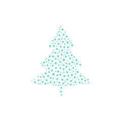 Green flat vector Christmas tree illustration formed with snowflakes isolated on a white background.