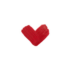 Red lipstick heart shape smudge isolated on white background. Lip gloss smear. Shape of heart makeup swatch top view. Cosmetic strokes