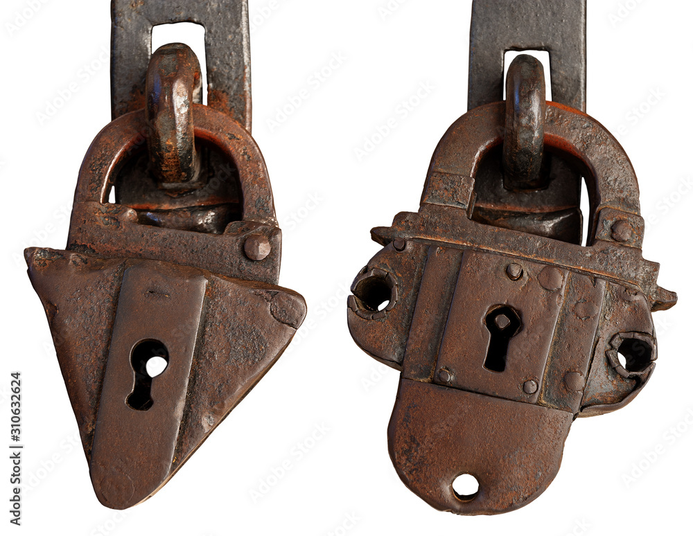 Poster close-up of two ancient rusty padlocks with keyhole isolated on white background