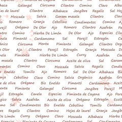 Text abstract food pattern with names of kitchen herbs in spanish