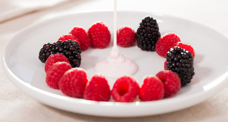 fresh raspberries and blackberries laid out on a white plate in circle with yogurt