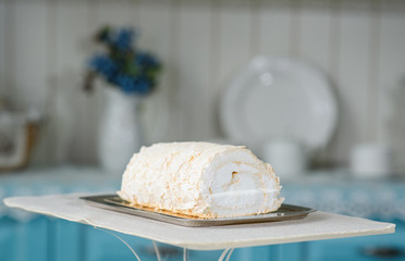 Tasty and beautiful-looking roll of bezrukov on a table in a cozy coffee shop