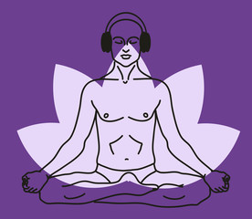 A man in headphones is meditating on a purple background. Vector illustration.