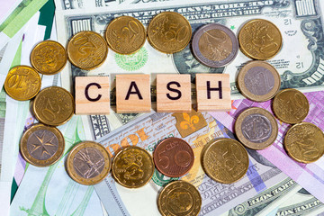 word text cash on the money banknotes background