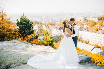 Lovely young couple in wedding clothes standing on a hill on city background