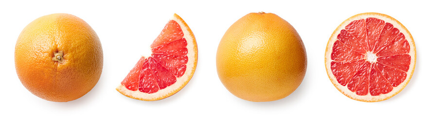 Fresh whole, half and sliced grapefruit - obrazy, fototapety, plakaty