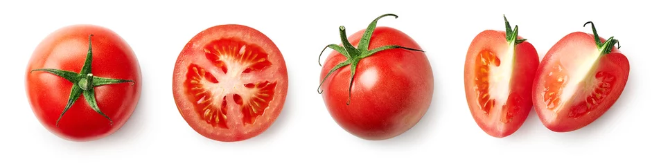 Foto auf Acrylglas Frisches Gemüse Frische ganze, halbe und in Scheiben geschnittene rote Tomate