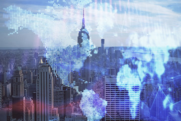 Forex graph on city view with skyscrapers background double exposure. Financial analysis concept.