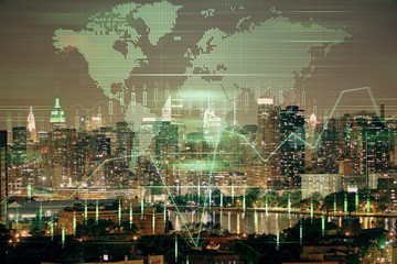 Double exposure of forex chart drawings over cityscape background. Concept of success.