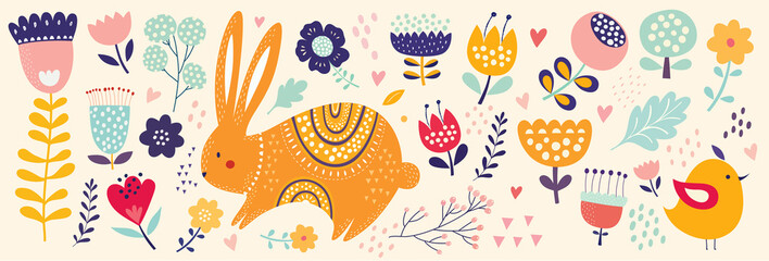 Big spring Easter collection of flowers, leaves, birds, bunny and spring symbols	