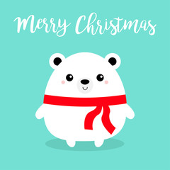Fototapeta premium Merry Christmas. Bear face head body round icon. Red scarf. Cute cartoon kawaii funny character. Hello winter. Baby greeting card. Kids background. Flat design.