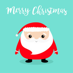 Merry Christmas. Santa Claus face head body round icon. Red hat, costume. Cute cartoon kawaii funny character. Hello winter. Baby greeting card. Kids background. Flat design.