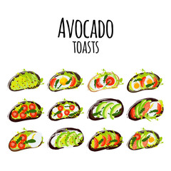 Vector illustration avocado toasts with different types of bread, tomatoes, eggs, salmon, mozzarella.