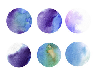 Watercolor set of circles. Hand painted abstract texture backgrounds. Hand drawn illustration. Round elements.