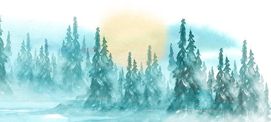 Watercolor picture of mountains, forest with pine trees, fir, cedar. Abstract vintage spots of blue. On a white background. Postcard, picture, poster, logo. Country forest landscape. Yellow sun.