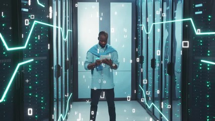 Digitalization of Information. African IT Engineer Controlling Server Cabinet with Tablet. 3D Looped Animation of Data Flow with Glowing Board Lines, Graphic Elements and Numbers Flying at Server - Powered by Adobe
