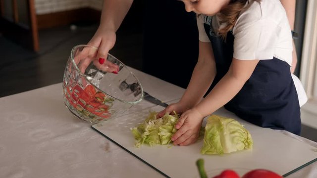 Close-up of a little girl helping her mother prepare a vegetable salad, she puts sliced cabbage in a plate. Slow motion. Little baby cook.