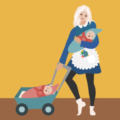 a blonde young woman nanny in a apron and a cap holding a baby in her arms, and the other child lies in a stroller, color clip-art on a white isolated background