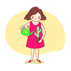 Girl watering from a watering can cactus. Vector