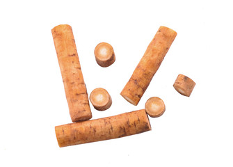 Burdock roots isolated white background.