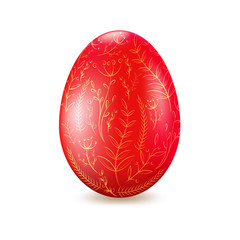 Red easter egg decorated with golden floral pattern. Vector icon.