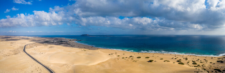 Fuerteventura, Corralejo sand dunes nature park. Beautiful Aerial Shot. Canary Islands, Spain
