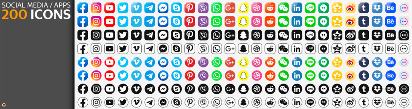 Large collection 200 pc. Social media icons. Facebook, instagram, twitter, youtube, pinterest, behance, google, skype, viber, whatsap,  telegram, wechat and other. Vector illustration EPS10.
