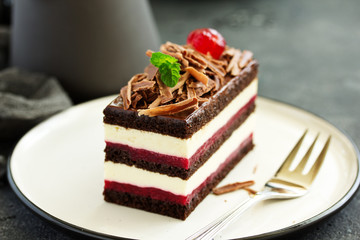 Chocolate cake with black forest cherries.