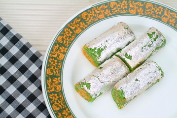 Close-up of Kaju Roll kept on a plate.