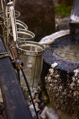 Hot spring with strainer for boiling egg