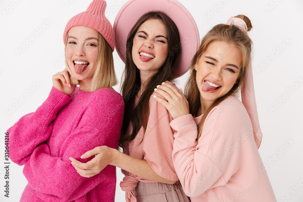 Poster Image of pretty girls wearing pink clothes smiling and hugging together