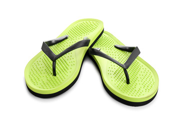 Stylish bright flip flops isolated on white