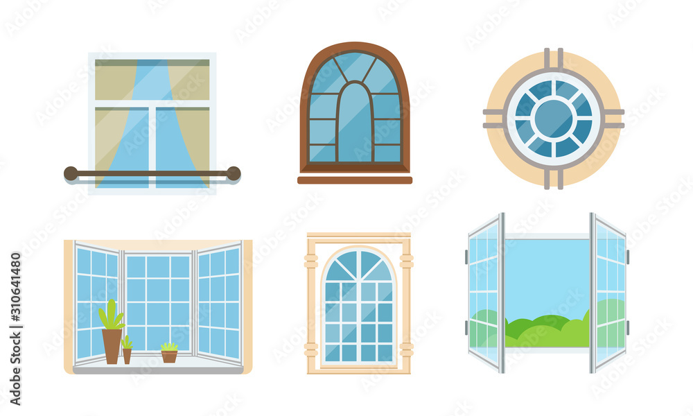 Poster different types of windows vector set. glass exterior element collection