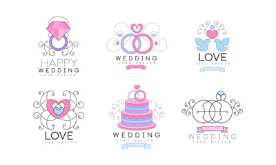 Wedding Floral Decorative Logo Design with Swirling Elements Vector Set