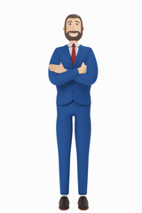 Young businessman with a beard. Cartoon character, businessman in suit with arms crossed. 3d rendering