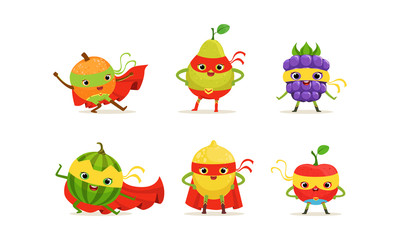 Fruit and Berry Superheros Rushing to the Rescue Vector Set